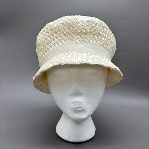 Sharon Originals Woven Raffia Straw Cloche Bucket Hat Ivory Cream Ribbon 1960s